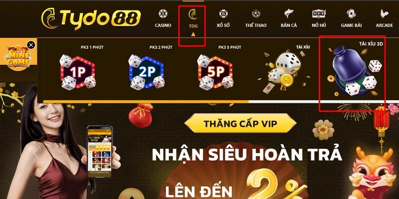 Trên thanh menu bạn chọn vào “TDG”, ấn “Tài xỉu 3D” là game đang cần tìm kiếm